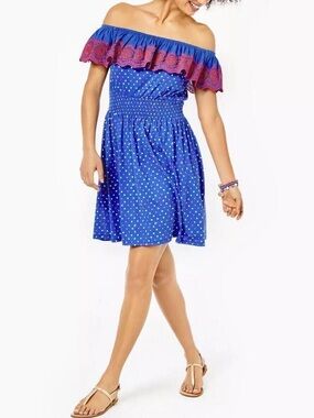 ❗️NWT Lilly Pulitzer Kalama Off Shoulder Blue Red Embroidered Ruffle Dress XL